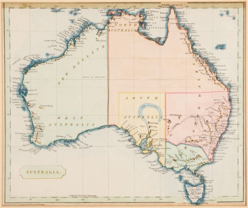 GEORGE VIRTUE & CO., Australia, hand-coloured engraving showing the recently delineated South Australian borders, [London, 1840, F.P. Becker & Co.], 20 x 24cm.