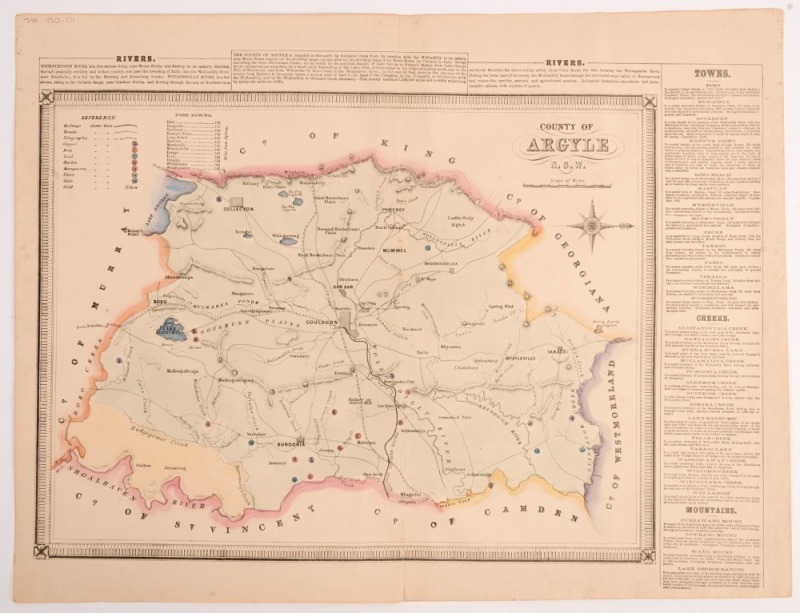 GEORGE BISHOP, County of Argyle N.S.W., hand-coloured engraving, Plate from: Atlas of the settled counties of New South Wales. [Sydney: Published by Basch & Co., 1872], 43 x 55cm sheet size.