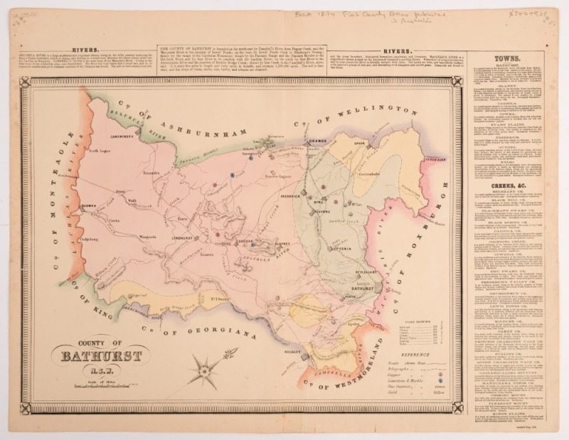 GEORGE BISHOP, County of Bathurst N.S.W., hand-coloured engraving, Plate from: Atlas of the settled counties of New South Wales. [Sydney: Published by Basch & Co., 1872], 43 x 55cm sheet size.