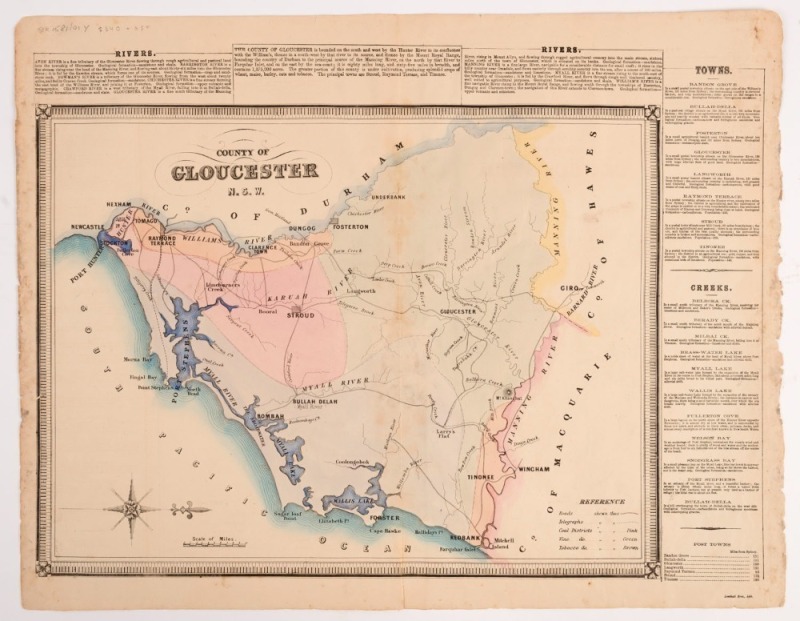 GEORGE BISHOP, County of Gloucester N.S.W., hand-coloured engraving, Plate from: Atlas of the settled counties of New South Wales. [Sydney: Published by Basch & Co., 1872], 43 x 55cm sheet size.