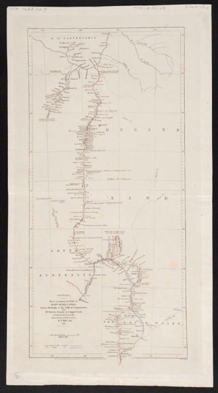 Royal Geographical Society, Map to accompany the Diary of Messrs. Burke & Wills, across Australia to the Gulf of Carpentaria; also: Mr. Howitt's Journal to Cooper Creek, constructed chiefly from the Observations & Field-book of W.I. Wills, Esqr. 1861, eng