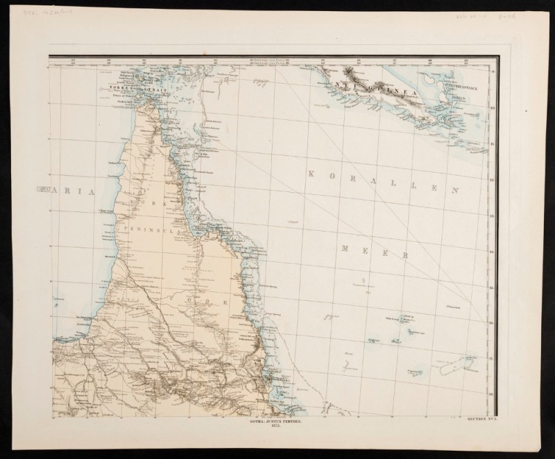 JUSTUS PERTHES, Korallen Meer, hand coloured steel engraving, [Gotha, 1875], 46 x 38cm (sheet size), shows northern Queensland, the Great Barrier Reef, Torres Strait islands and part of New Guinea.