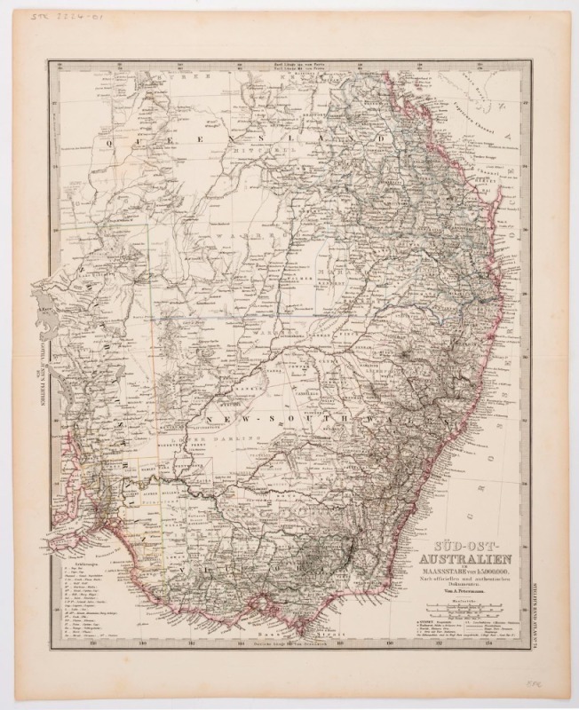 ADOLF STIELER, Sud-Ost-Australien.....von A. Petermann, steel-engraving with minimal hand colouring, from "Stieler's Hand Altas", 1879. 47 x 39cm (sheet size).