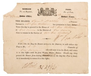 1840 (Nov. 24) REMAIN PASS for SAMUEL HARRIS: issued by the Superintendent of Convicts at the Police Office Launceston, allowing Harris to travel from Launceston to George Town in the service of a Mr George Wilson, countersigned by the Constable of George Town on November 25th 1840. A physical description of the prisoner is provided on reverse: being 18 years old, of fresh complexion, a groom, who had arrived aboard the "Recovery" (in October 1837),