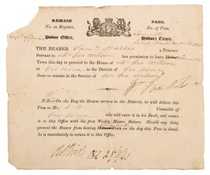 1840 (Nov. 24) REMAIN PASS for SAMUEL HARRIS: issued by the Superintendent of Convicts at the Police Office Launceston, allowing Harris to travel from Launceston to George Town in the service of a Mr George Wilson, countersigned by the Constable of George