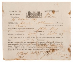 1839 (Oct.26) SERVANT'S RETURN PASS for ABRAHAM PLUMMER: issued by Police Office George Town, allowing Plummer to travel to Kelso Bay (opposite side of Tamar Estuary), and return by the end of the following day, countersigned on October 27th 1839.  A phys