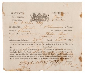 1839 (Oct.26) SERVANT'S RETURN PASS for ABRAHAM PLUMMER: issued by Police Office George Town, allowing Plummer to travel to Kelso Bay (opposite side of Tamar Estuary), and return by the end of the following day, countersigned on October 27th 1839. A physical description of the prisoner, is provided in manuscript on reverse: 21 years old, fresh complexion, a carpenter who had arrived aboard the "John" (in December 1833) on a sentence of 14 years for an undisclosed crime.