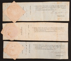 CONVICT PARDON/TICKET-OF-LEAVE: 1843 & 1845 (2) lower sections of pardon forms serviced at Hobart Town, each signed by Sir John Eardley Eardley-Wilmot (Lieutenant Governor of Van Diemen's Land 1843-46) and James Ebenezer Bicheno (Colonial Secretary 1842-5