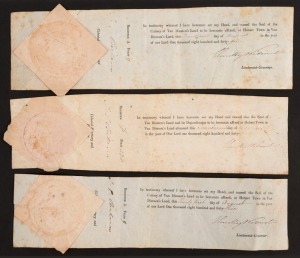 CONVICT PARDON/TICKET-OF-LEAVE: 1843 & 1845 (2) lower sections of pardon forms serviced at Hobart Town, each signed by Sir John Eardley Eardley-Wilmot (Lieutenant Governor of Van Diemen's Land 1843-46) and James Ebenezer Bicheno (Colonial Secretary 1842-51), all with Van Diemen's Land Seal of Colony, the 1843 fragment with a partial physical description of the convict on reverse, stating "Lost several teeth upper jaw. Flesh mole on right arm", dated "11 December 1843". (3 items)