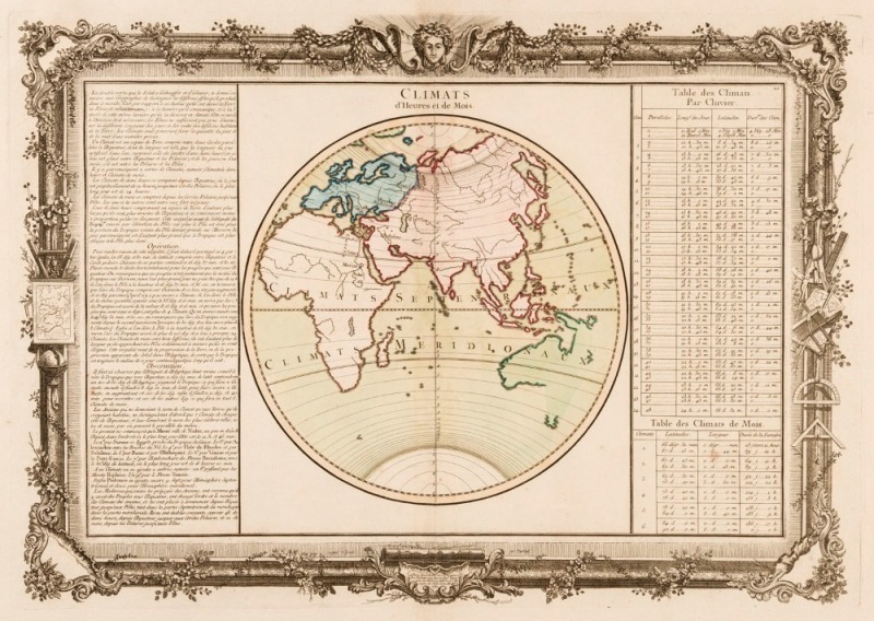 CLAUDE BUY de MORNAS (d.1783), Climats D'Heures et de Mois, [Paris, Louis Charles Desnos, 1761], hand-coloured  circular map of the Eastern hemisphere within a decorative frame and with text panels describing the world's climate zones. 52 x 66cm (sheet si