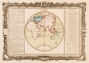 CLAUDE BUY de MORNAS (d.1783), Climats D'Heures et de Mois, [Paris, Louis Charles Desnos, 1761], hand-coloured  circular map of the Eastern hemisphere within a decorative frame and with text panels describing the world's climate zones. 52 x 66cm (sheet si