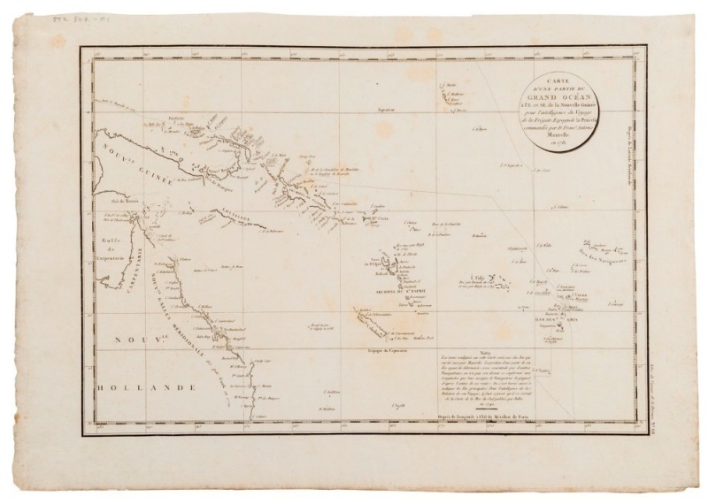 LA PEROUSE, "Carte D'Une Partie Du Grand Ocean a l'E. et S.E. de la Nouvelle Guinee pour l'intelligence du Voyage de la Fregate Espagnole la Princesa commandee par D. Franco. Antonio Maurelle. en 1781." [Paris, 1797], from the "Atlas du Voyage de la Perou