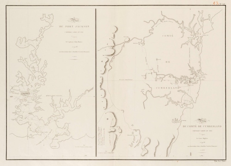 LOUIS CLAUDE DE FREYCINET (1779 - 1841), "Plan du Port Jackson (Nouvelle-Galles du Sud) d'apres le Capitaine John Hunter assujetti aux observations faites a bord des Corvettes Francaises en 1802; Plan du comte de Cumberland (Nouvelle-Galles du Sud) d'apre