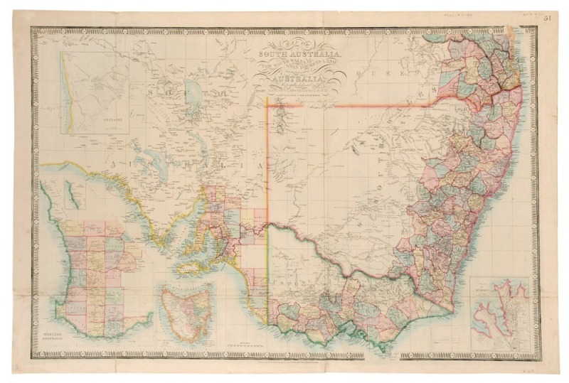 JAMES WYLD, "Map of South Australia, New South Wales, Van Diemen's Land, and Settled parts of Australia. Respectfully dedicated to Major Sir T.L. Mitchell....", [London, 457 West Strand], circa 1860, steel engraving with hand-colouring,  66 x 98cm (sheet