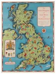 CECIL WALTER BACON (1905 - 1992), "The United Kingdom of Great Britain and Northern Ireland" [Fash & Cross, London, 1951], signed "CWB" in the plate at lower right, 97 x 71cm. Shows, industries, sports, men of note and important institutions. Bacon is be