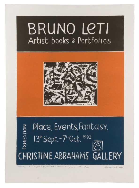 BRUNO LETI (b.1941), Artist books & Portfolios: Place, Events, Fantasy, Linocut poster for an exhibition at Christine Abrahams Gallery, Melbourne, October 1993, signed and dated 1993 at lower right, further endorsed "from an edition of 40" in lower margin