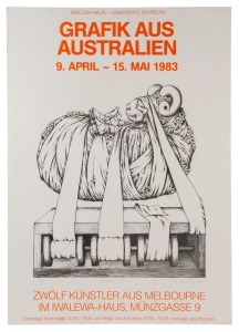 LES KOSSATZ (1943 - 2011), "Grafik Aus Australien 9. April - 15. Mai 1983" a group exhibition by 12 artists from Melbourne at the University of Bayreuth, the poster featuring a work "Primary Bird" by Les Kossatz., 74 x 59cm.