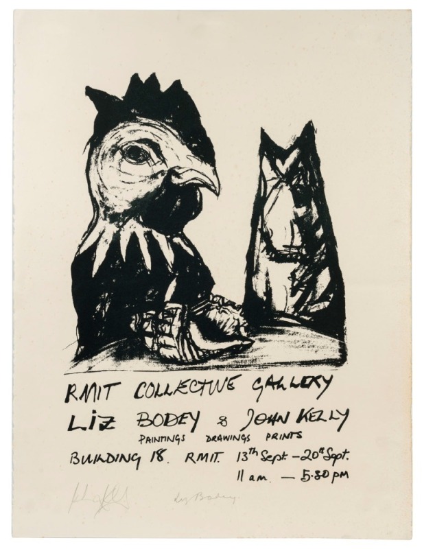 Liz BODEY & John KELLY, "Paintings Drawings Prints" RMIT Collective Gallery poster, screenprint, 1984, signed by both artists in the lower margin, 77 x 57mm.