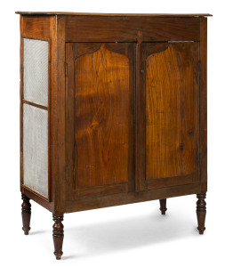 A Colonial blackwood meatsafe with shield doors, turned legs and zinc sides, Tasmanian origin, 19th century, 123cm high, 103cm wide, 47cm deep