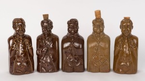 BENDIGO POTTERY "Reform Flasks", group of five Prime Minister limited edition character bottles, circa 1975, including Sir Edmund Barton (2), John Watson (2), and Alfred Deakin, 18cm high