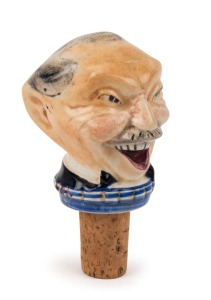 BILLY HUGHES novelty pottery bottle stopper by MASHMAN BROS. Ltd, Sydney origin, early 20th century. 7cm high, 10cm high including the cork.