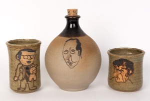 BOB HAWKE, PAUL KEATING & JOHN HOWARD, Australian pottery jug and two mugs by ANNE BERENS from Laburnum Gallery, Mitcham, Victoria, potter's monogram to sides, 10cm, 19cm and 12.5cm high