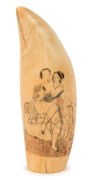 An antique scrimshaw whale's tooth engraved with two dancing African American slave figures, the reverse with courting couple scene, circa 1830s, an impressive 18cm high - 2