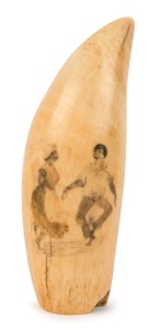 An antique scrimshaw whale's tooth engraved with two dancing African American slave figures, the reverse with courting couple scene, circa 1830s, an impressive 18cm high