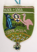 WW1 TURKISH P.O.W. beadwork bag emblazoned "TURKISH PRISONER, 1918, ADVANCE AUSTRALIA", adorned with Australian crest with emu and kangaroo over "GEORGE" on both sides. A rare survivor in excellent condition. 38cm high overall, 16cm wide - 2