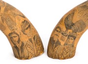 A pair of antique scrimshaw cow horns, 19th century. With accompanying note "JOHN MENZIES, Porter Hill, Maldon. Workman on property", ​​​​​​​41cm high - 2