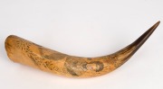 A pair of antique scrimshaw cow horns, 19th century. With accompanying note "JOHN MENZIES, Porter Hill, Maldon. Workman on property", ​​​​​​​41cm high - 3