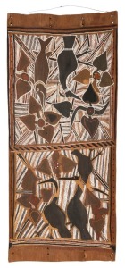 LIPUNDJA MILINGIMBI, untitled bark with birds and fish, bark and natural earth pigments, signed verso "Lipundja Milingimbi", gallery No. #A6905, 106 x 45cm