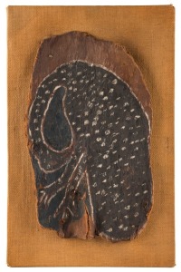 ARTIST UNKNOWN (Groote Eylandt), untitled (emu), natural earth pigment on bark mounted on board, 46 x 23cm, 56 x 36cm overall