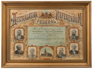 1899 AUSTRALIAN FEDERAL REFERENDUM CERTIFICATE: lithographed coloured certificate, decorated with Parliament House and State Premiers, framed & glazed, overall 45 x 60cm.