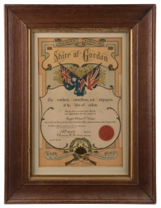 WWI CERTIFICATES OF APPRECIATION: City of Hawthorn & Shire of Gordon original certificates commemorating the contribution to King and Country of local servicemen; both are framed & glazed, the larger 62x54cm.