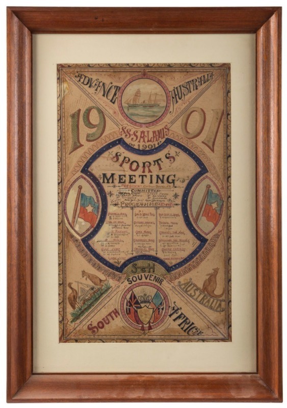 BOER WAR - S.S. SALAMIS - 'SPORTS MEETING': Attractive hand-drawn and coloured souvenir poster, captioned 'Advance Australia/S.S. Salamis' at top and 'Souvenir/South Africa' at base, with a central listing of events and winners; framed & glazed, overall 7