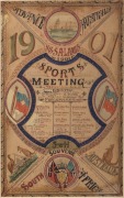 BOER WAR - S.S. SALAMIS - 'SPORTS MEETING': Attractive hand-drawn and coloured souvenir poster, captioned 'Advance Australia/S.S. Salamis' at top and 'Souvenir/South Africa' at base, with a central listing of events and winners; framed & glazed, overall 7 - 2