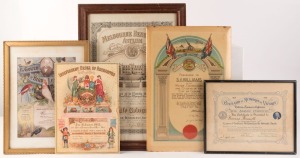 SOCIETY/LODGE CERTIFICATES: comprising 1915 for Melbourne Benevolent Asylum, Gould League of Bird Lovers of Victoria (undated), 1936 for Centenary of Methodism in Victoria all framed & glazed; also unframed 1927 for Independent Order of Rechabites, 1947 C