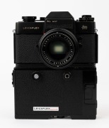 LEITZ: Leica Model Leicaflex SL Mot Black [#1372621], 1974, with Summilux-R f4 50mm lens [#2493110]. Leicaflex Motor Drive attached to base. - 2