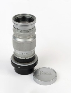 LEITZ: Elmar 90mm f4 chrome lens [#1162211], 1954, ELANG-M; with rear plastic cap and metal front cap