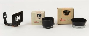 LEITZ: Accessories group including RASAL sports finder fitted with RAMET C5917 Mask together with ITDOO Summaron lens hood in original box and FIKUS variable focal length lens hood in black and chrome in original box. (3 items)