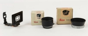 LEITZ: Accessories group including RASAL sports finder fitted with RAMET C5917 Mask together with ITDOO Summaron lens hood in original box and FIKUS variable focal length lens hood in black and chrome in original box. (3 items)