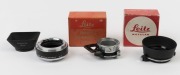 LEITZ: Accessories group including NOOKY close focus adaptor for Elmar 50mm in original box, Leica&nbsp;13352X swing out polarising filter hood POOTR in original box, a Leicaflex&nbsp;adaptor (14167) for M lens to R cameras and a Summarom&nbsp;28mm SOOBK lens hood. (4 i