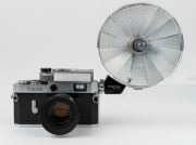 Canon rangefinder camera Model P, 1959 [#711760] with Canon 50mm f1.8 lens [290905], matching Canon lens hood, Canon Model P exposure meter and Canon Model V flash attachment. - 2