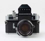 Canon Model 7 rangefinder camera, 1961 [#823411], with Canon FL 50mm f1.8 lens [#124449] fitted to a Canon Mirror Box 2 close-up attachment. - 2