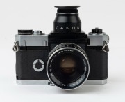 Canon Canonflex SLR camera, 1959 [#21133] with Super-Canomatic&nbsp;R 50mm f1.8 lens [#21651], additionally with a Canon Right-Angle view finder attachment. - 2