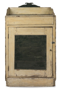 A yellow and green painted one door cabinet, South Australian origin, 19th century, nicely branded interior timbers "Curlew Brand",