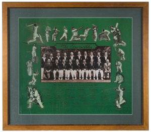 The Invincibles Australian Test Team 50th Anniversary photographic presentation; No.484 of 1500 with Certificate of Authenticity; framed and glazed and signed and endorsed on the back "Best wishes Kevin, Sam Loxton, 26.11.2003". Overall 84 x 94cm.