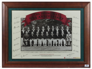 Framed selection of images incl. "The Invincibles - 50th Anniversary" limited edition with facsimile autographs, reprint of a 1930 Syd Miller humorous image of Australian cricketers, copy of an 1862 photograph showing English XI aboard Cobb & Co's Leviath
