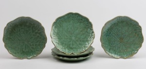 NELLIE McCREDIE set of five green glazed leaf plates, incised "McCredie, N.S.W.", ​19cm wide